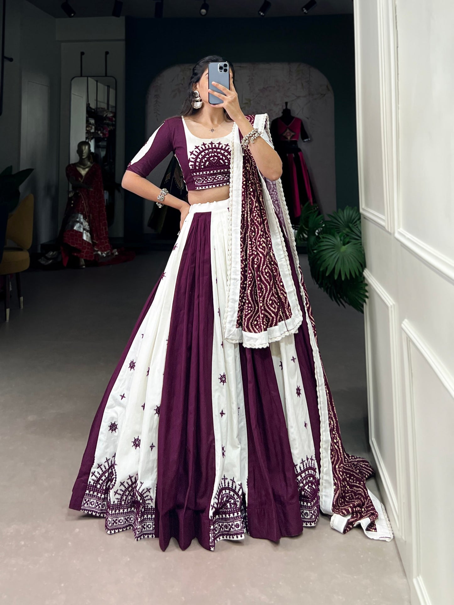 Exquisite Wine Pure Cotton Mirror Gamthi Worked Navratri Lehenga Choli