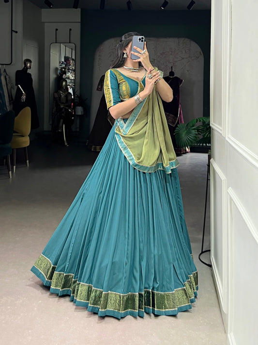 Teal Blue Pure Rayon Zari Weaving Worked Lehenga Choli