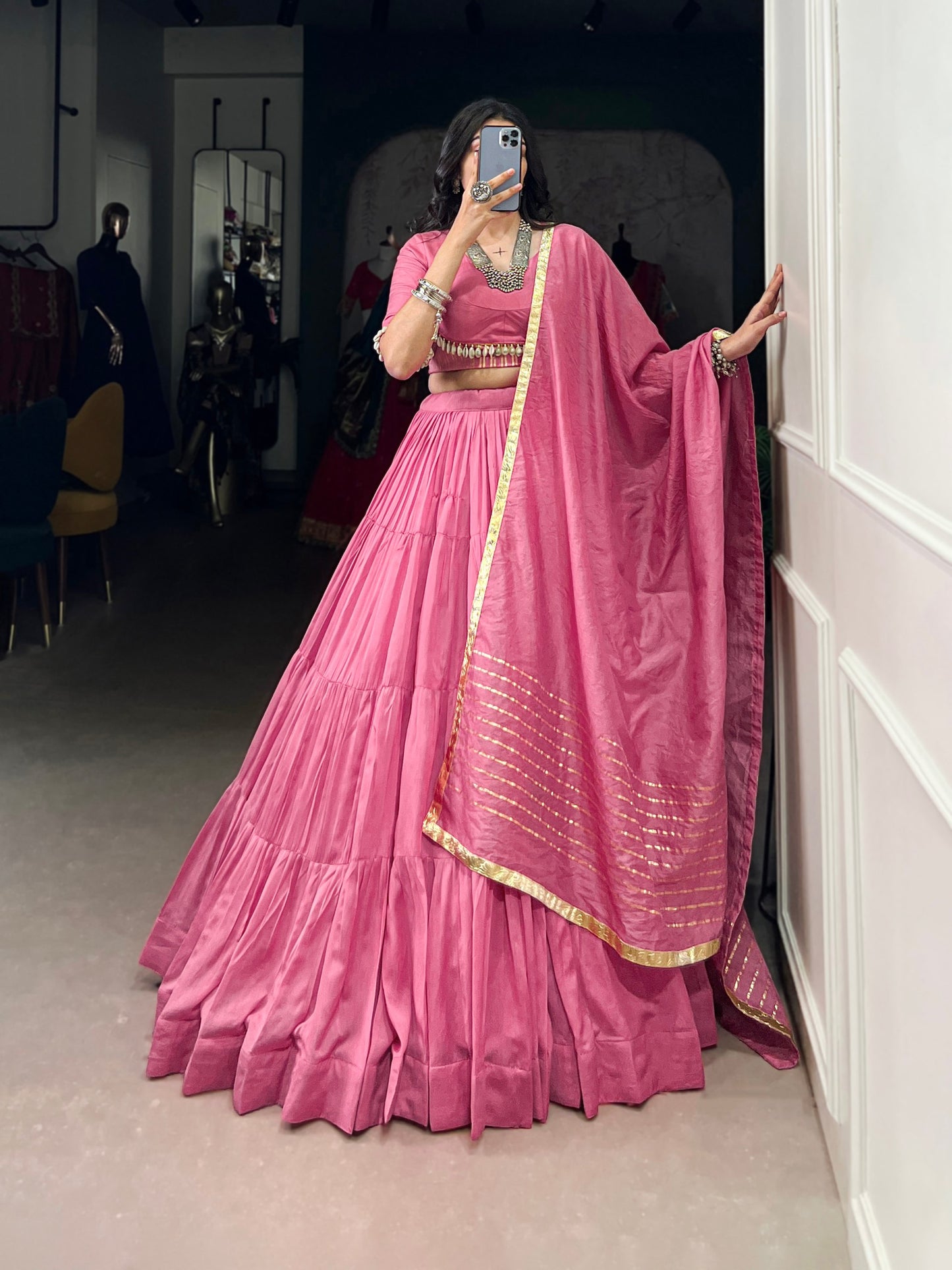Light Pink Pure Chanderi Navratri Wear Lehenga Choli