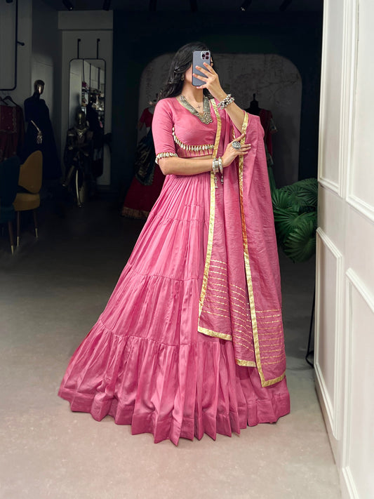 Light Pink Pure Chanderi Navratri Wear Lehenga Choli