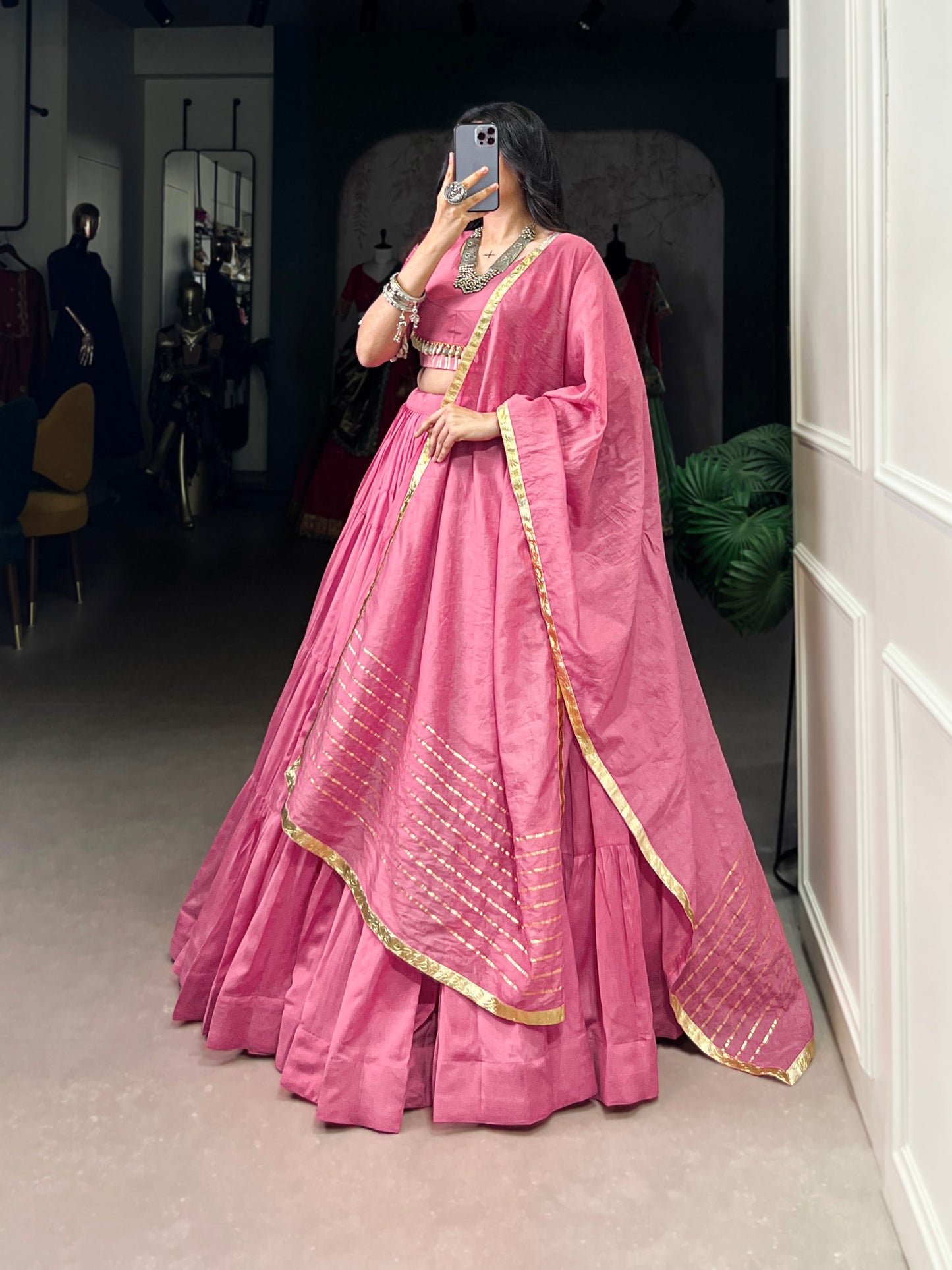 Light Pink Pure Chanderi Navratri Wear Lehenga Choli