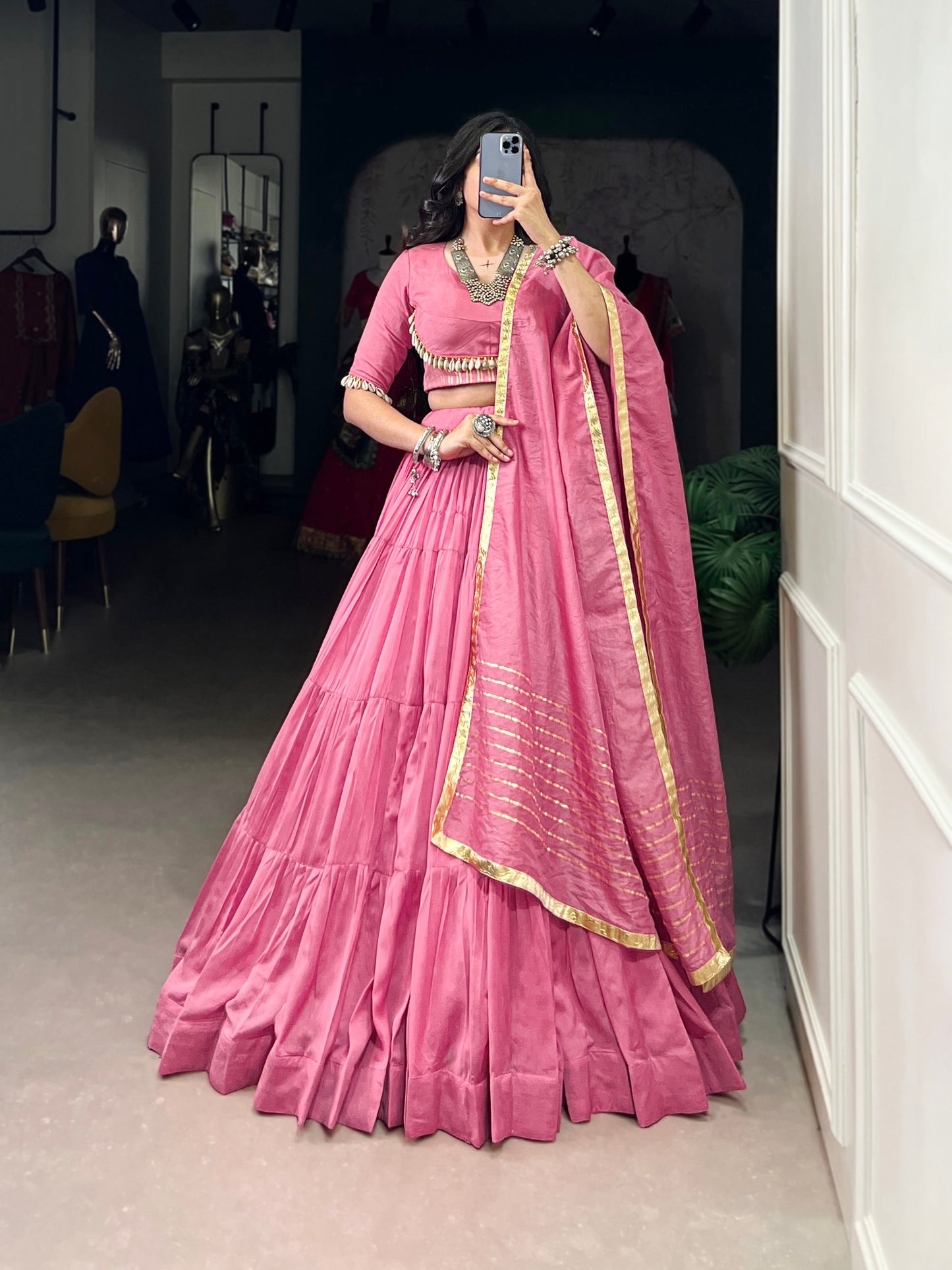 Light Pink Pure Chanderi Navratri Wear Lehenga Choli
