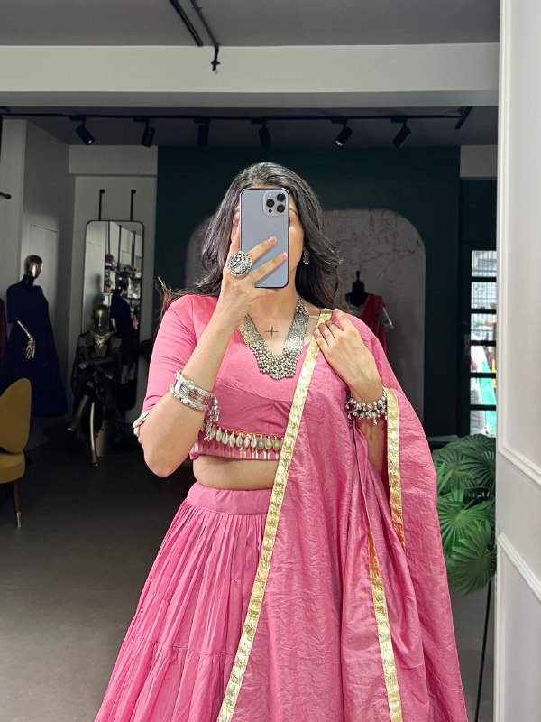 Light Pink Pure Chanderi Navratri Wear Lehenga Choli