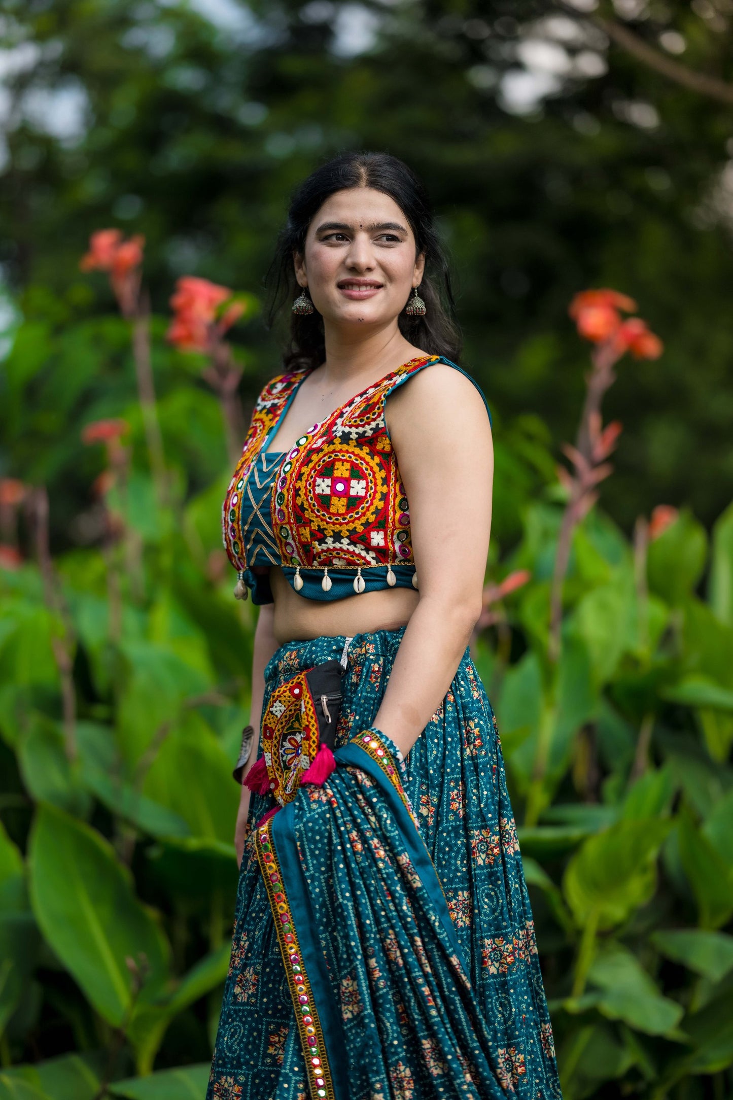 Spellbinding Teal blue Pure Cotton Gamthi Worked Navratri Lehenga Choli