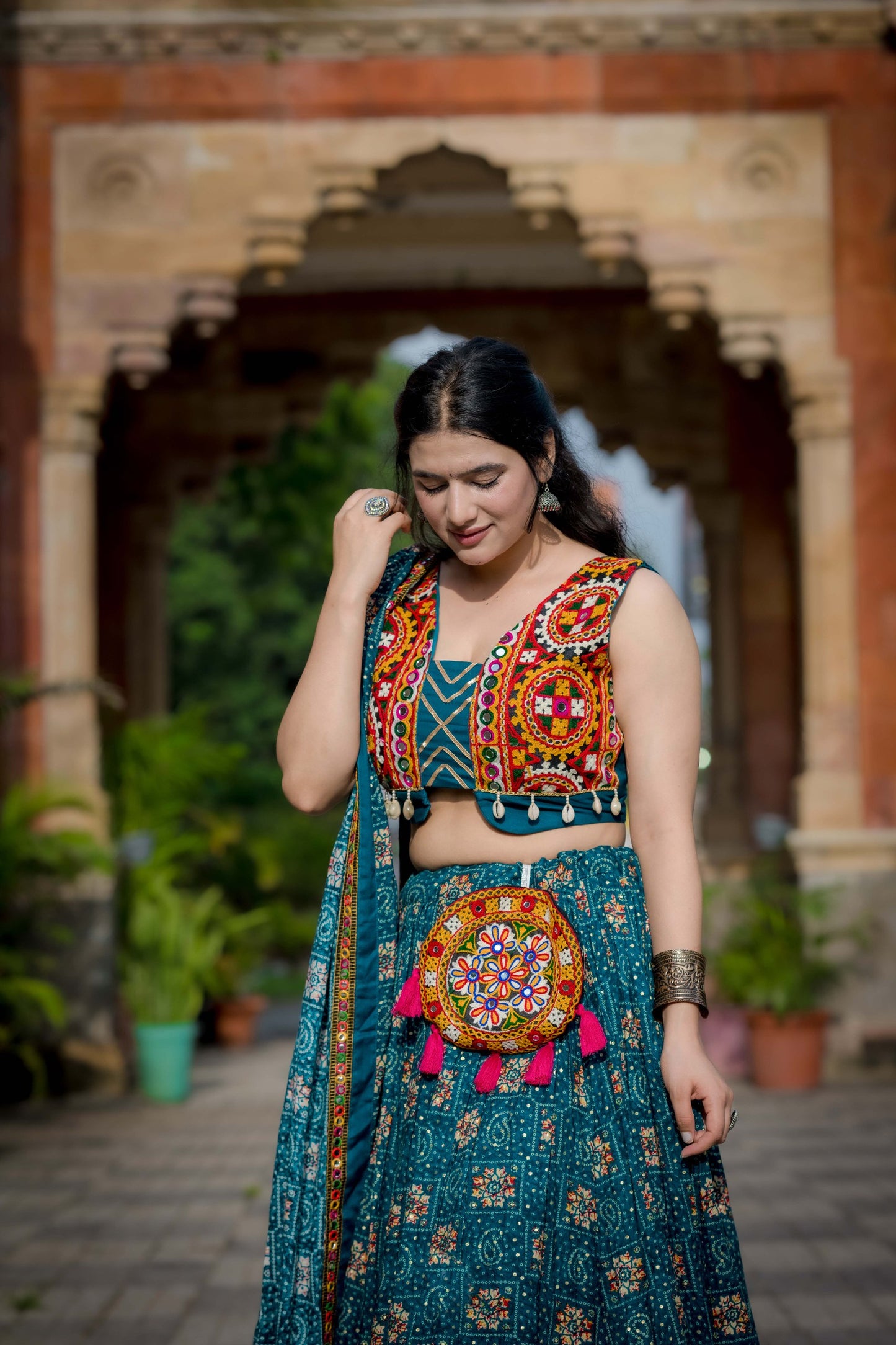 Spellbinding Teal blue Pure Cotton Gamthi Worked Navratri Lehenga Choli