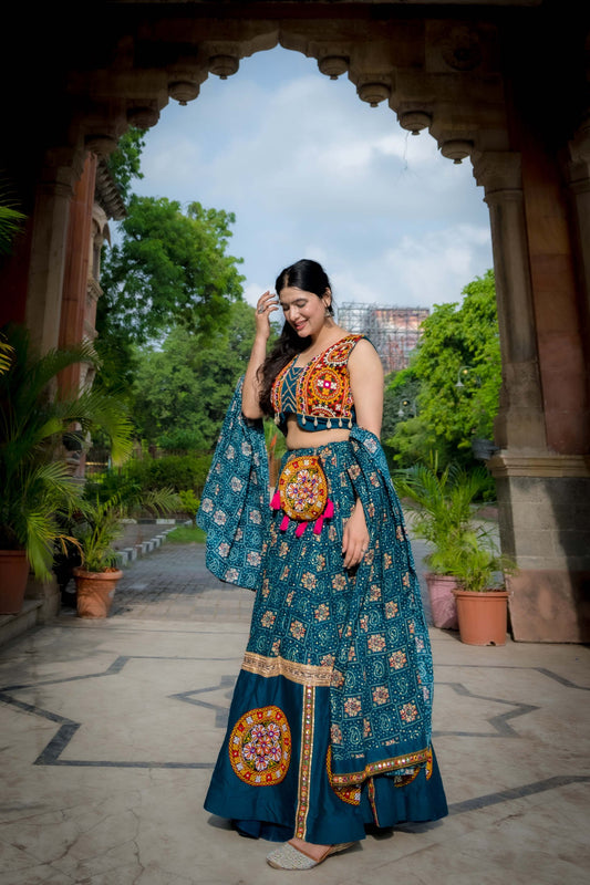 Spellbinding Teal blue Pure Cotton Gamthi Worked Navratri Lehenga Choli