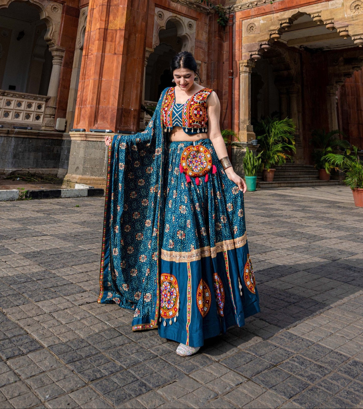 Spellbinding Teal blue Pure Cotton Gamthi Worked Navratri Lehenga Choli