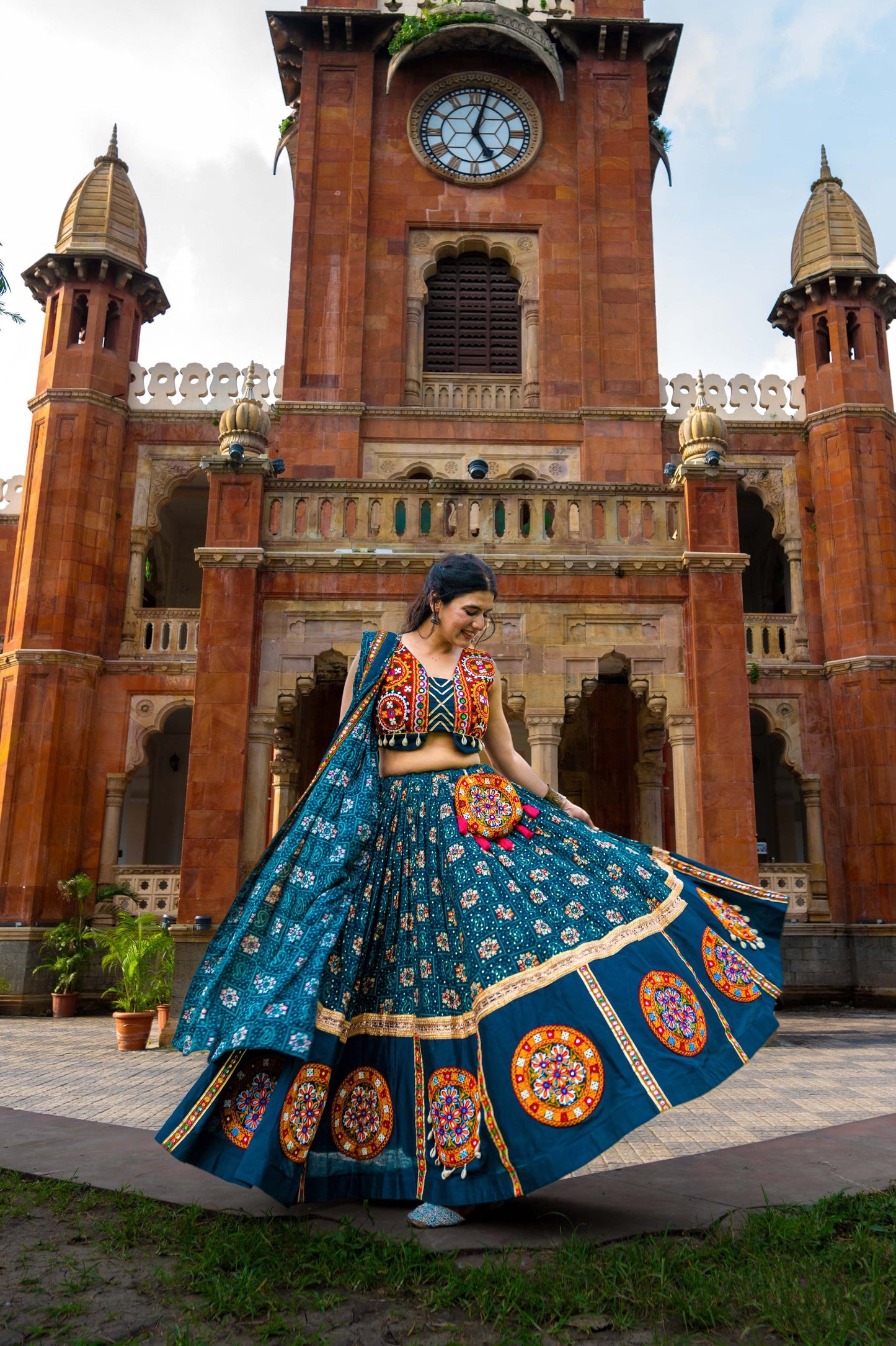 Spellbinding Teal blue Pure Cotton Gamthi Worked Navratri Lehenga Choli