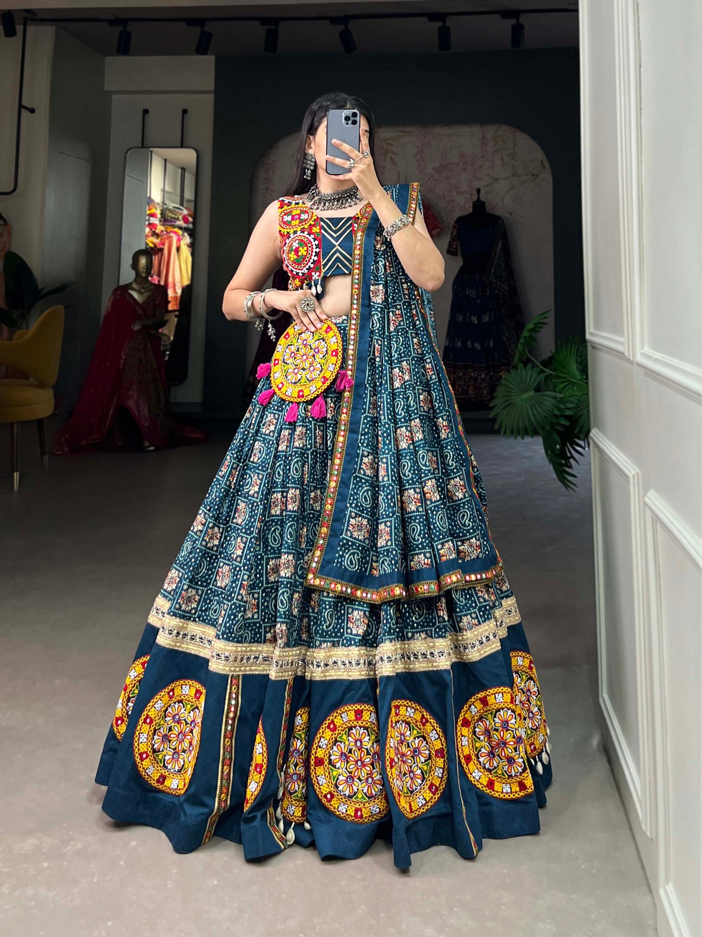Spellbinding Teal blue Pure Cotton Gamthi Worked Navratri Lehenga Choli