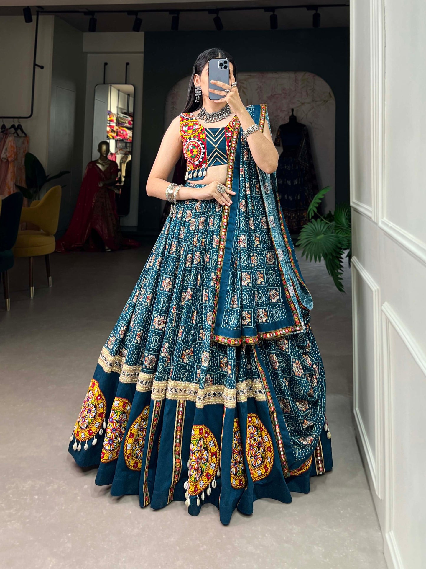 Spellbinding Teal blue Pure Cotton Gamthi Worked Navratri Lehenga Choli