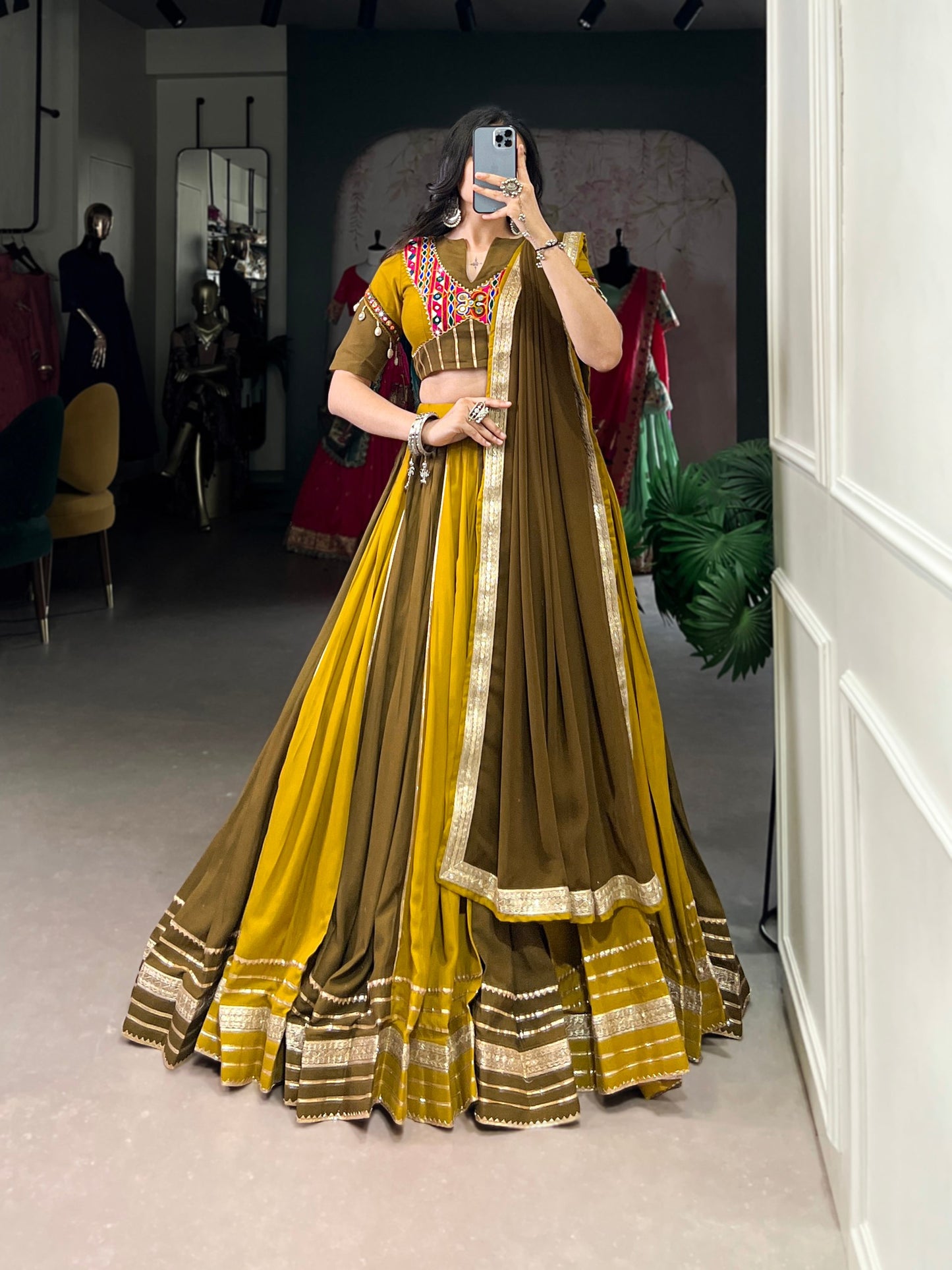 Mehendi Green Pure Rayon Navratri Wear Lehenga Choli
