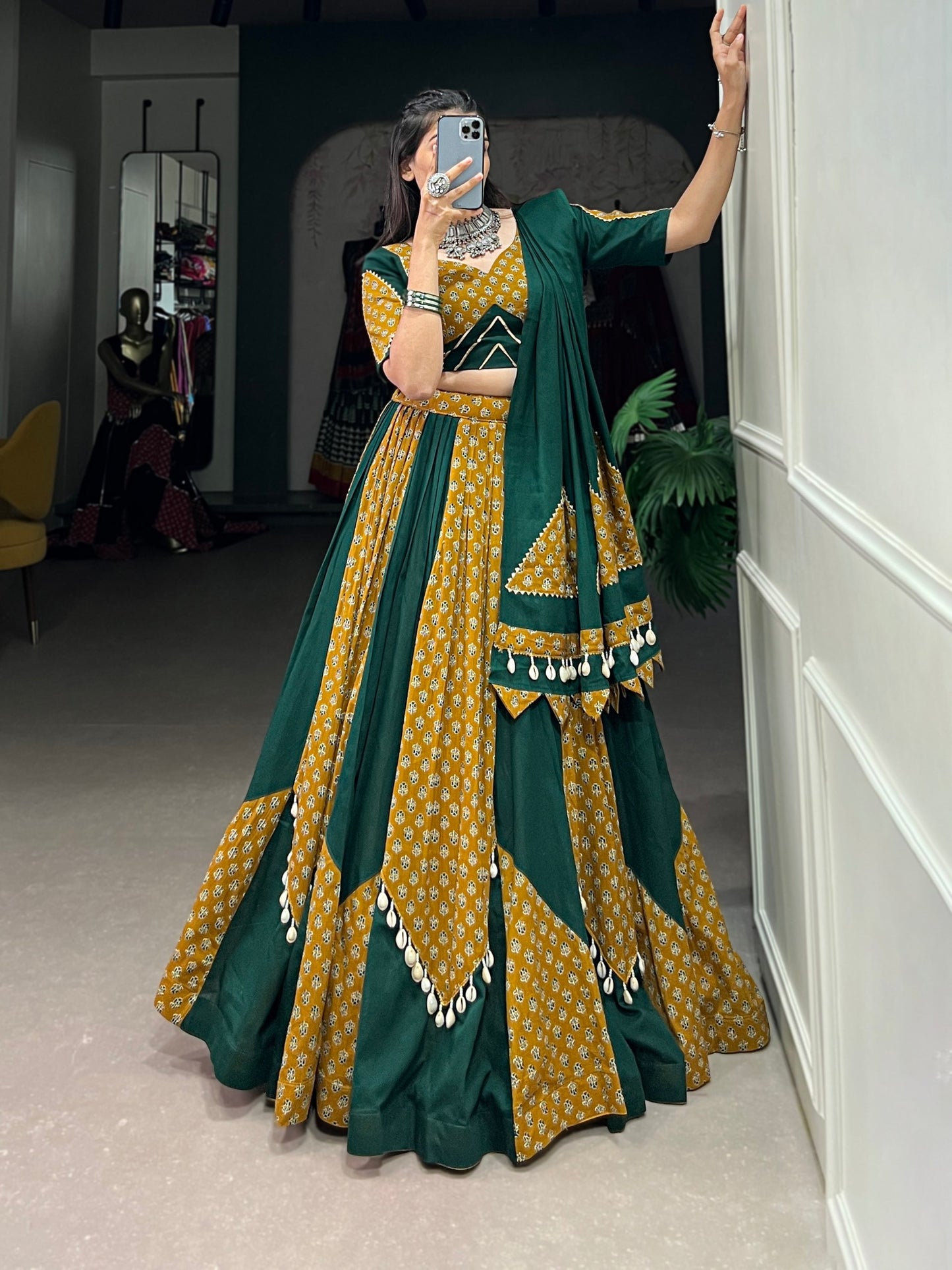 Mustard & Green Pure Cotton Fully Stitched Navratri Lehenga Choli