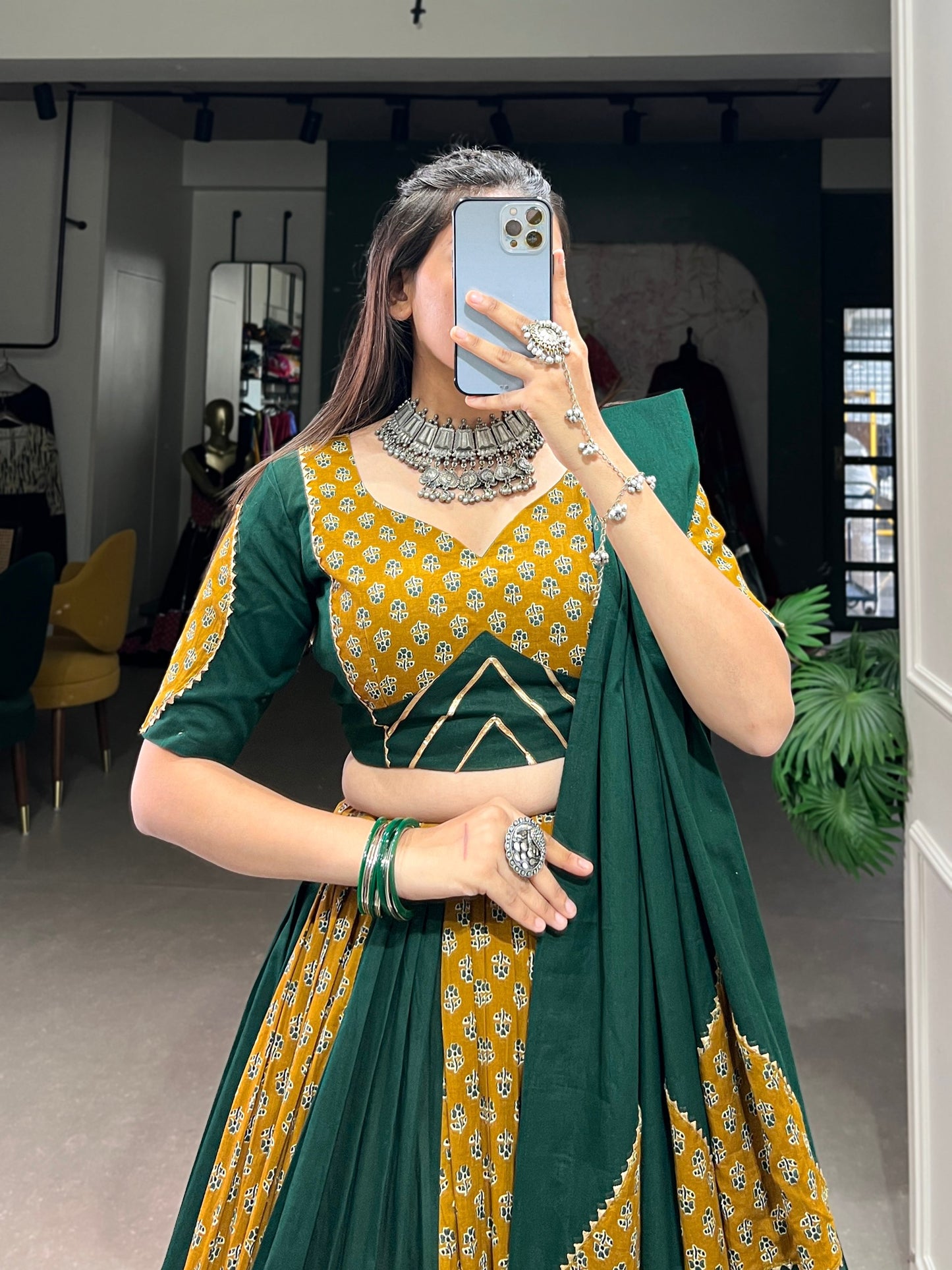 Mustard & Green Pure Cotton Fully Stitched Navratri Lehenga Choli