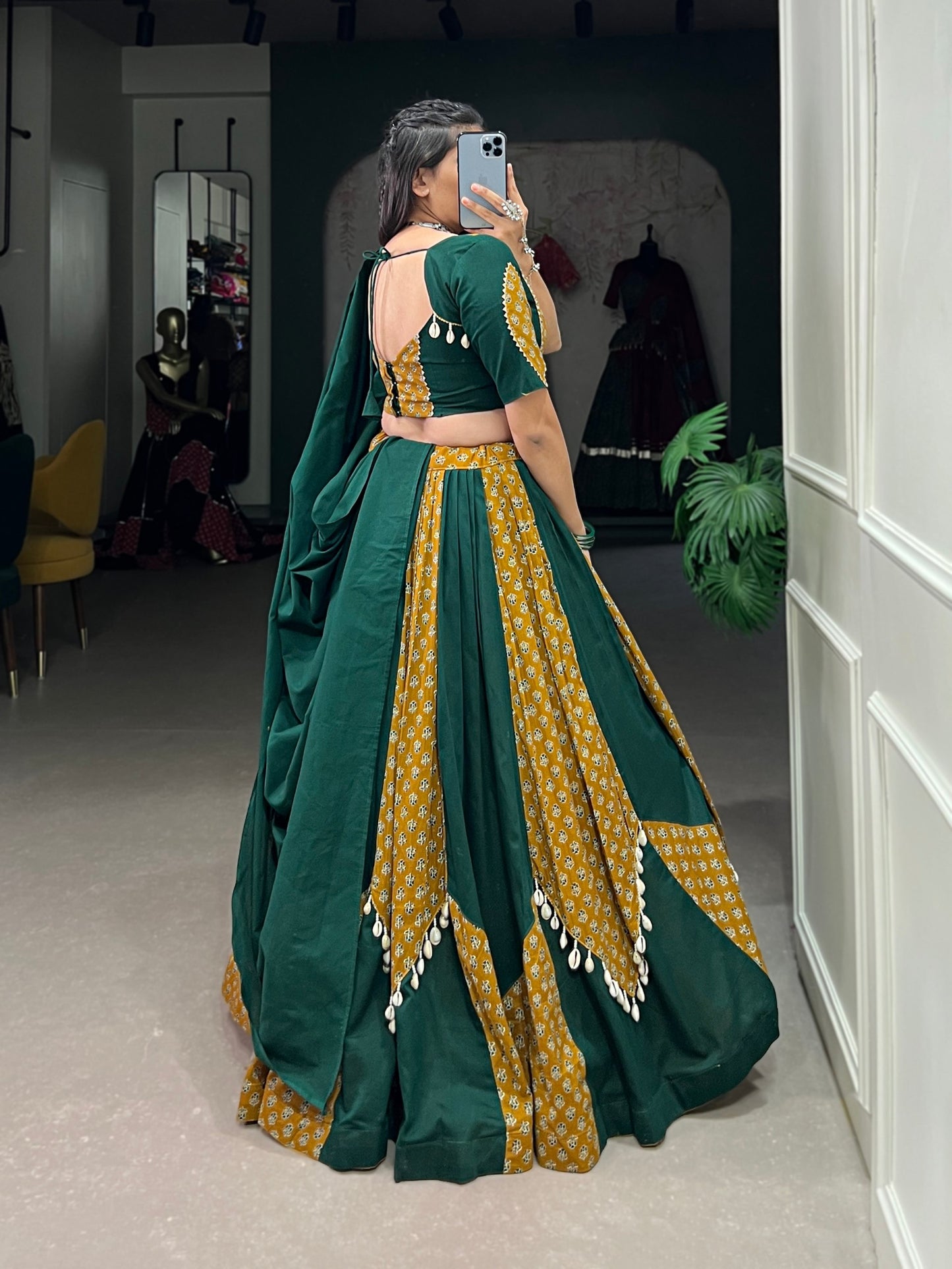 Mustard & Green Pure Cotton Fully Stitched Navratri Lehenga Choli