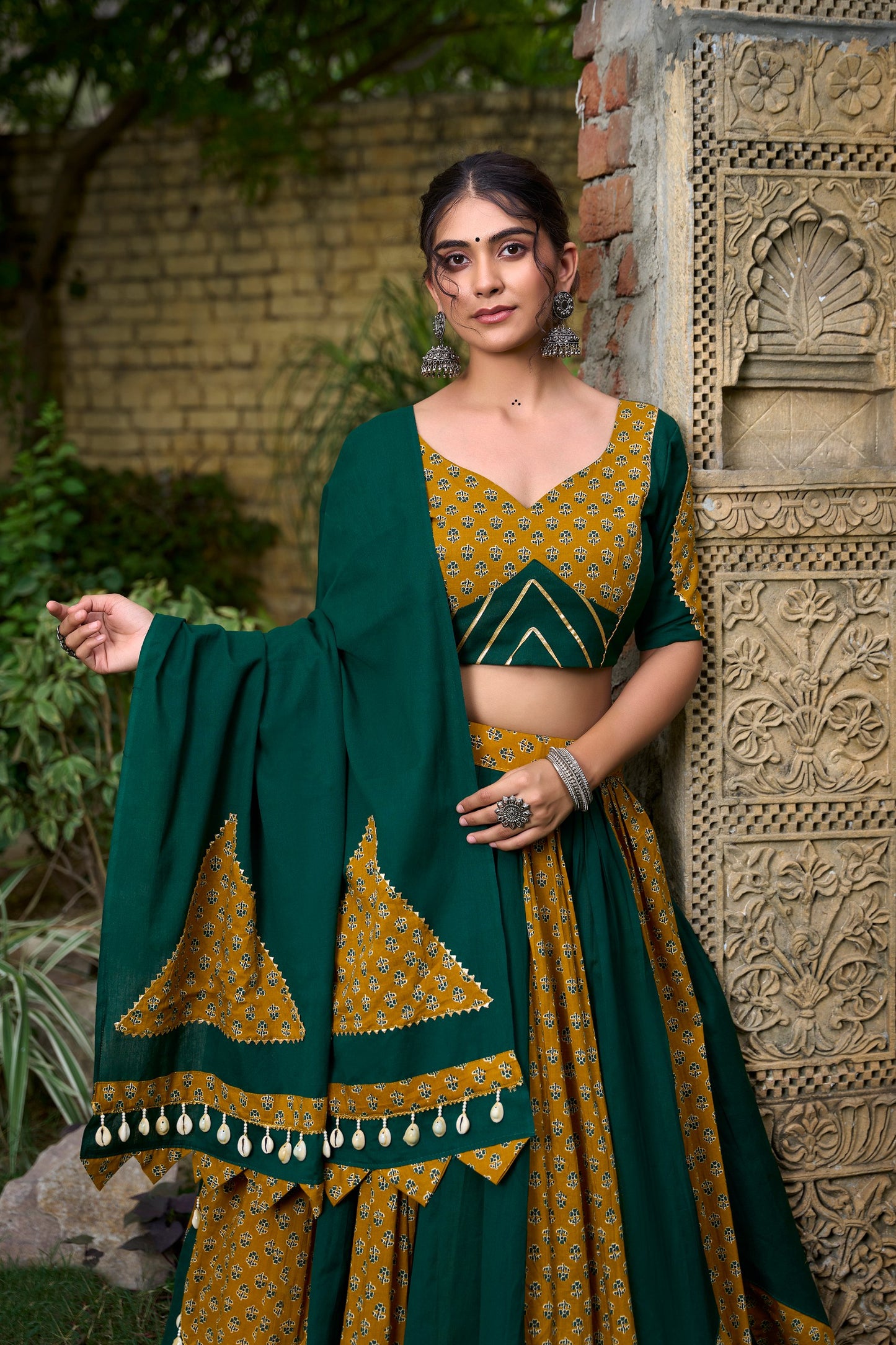 Mustard & Green Pure Cotton Fully Stitched Navratri Lehenga Choli