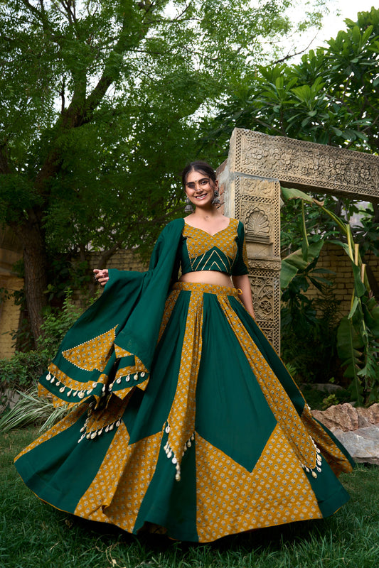 Mustard & Green Pure Cotton Fully Stitched Navratri Lehenga Choli