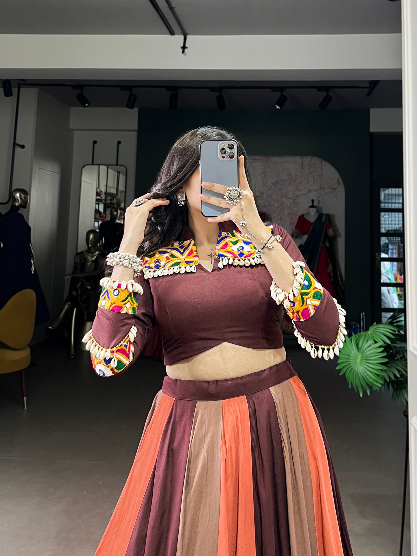 Pure Rayon Embossed Lehenga Set with Mirror Gamthi Work Blouse – Fully Stitched & Ready to Wear