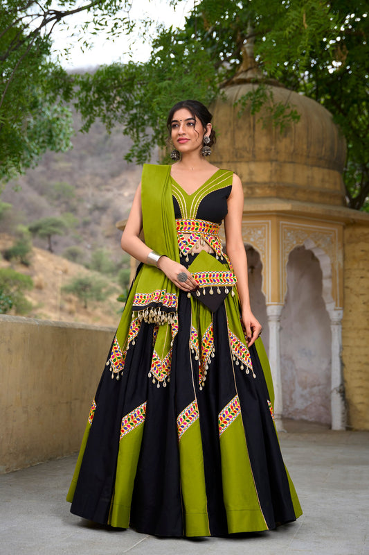 Parrot Green Gamthi Cowrie Worked Navratri Wear Lehenga Choli