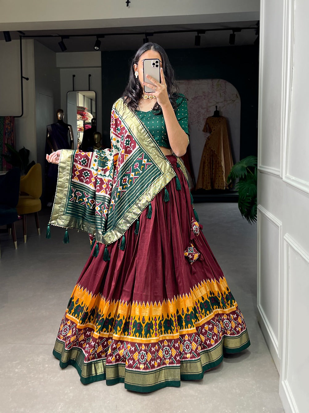 Refined Tussar Silk Patola Printed Lehenga Choli Set - Ethnicwish