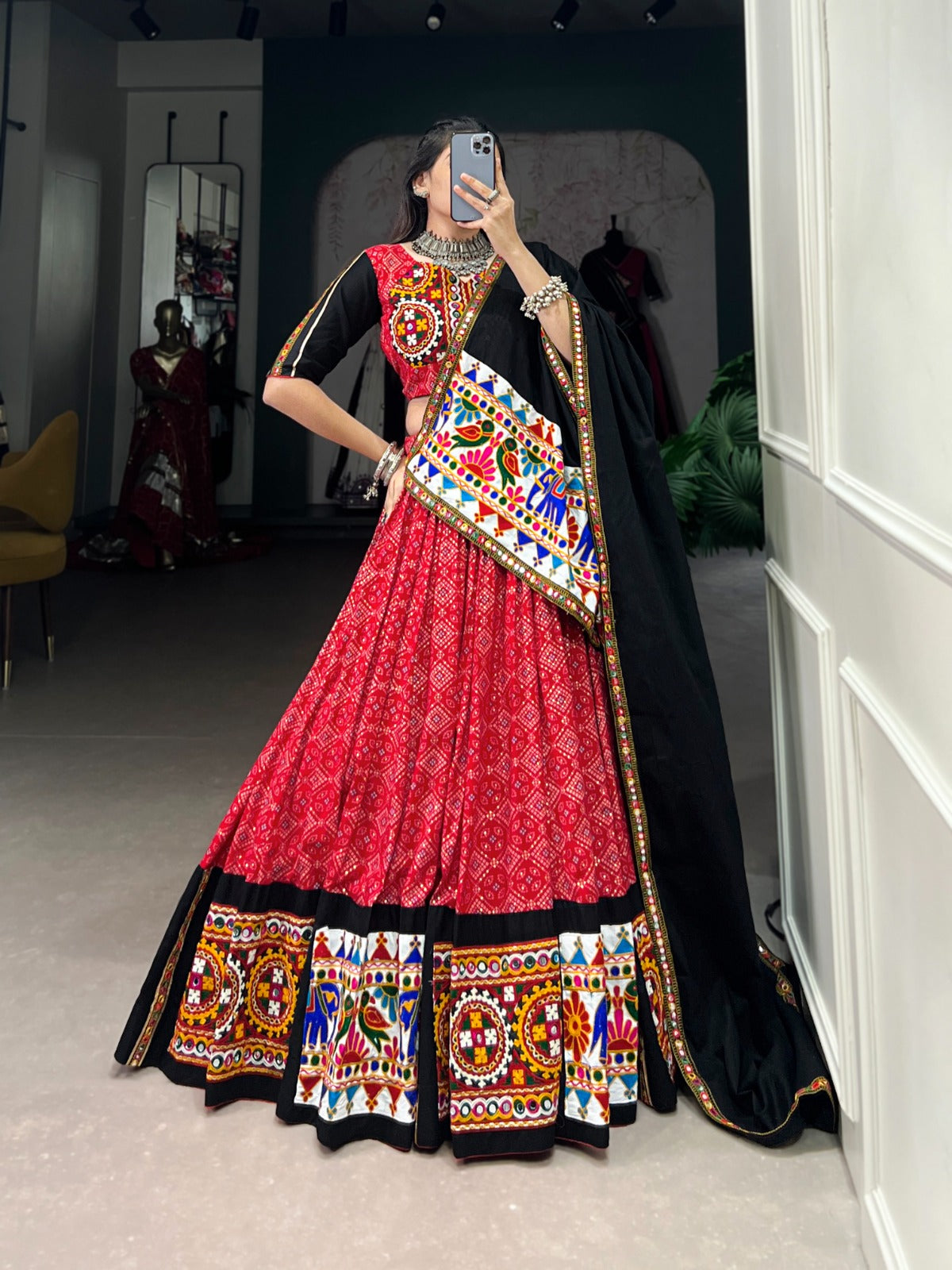 Red Navratri Special Gamthi Mirror Printed Lehenga Choli