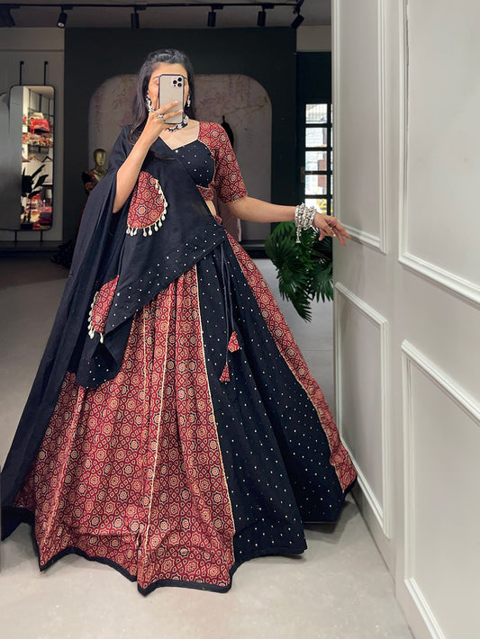 Maroon Pure Cotton Printed Mirror Worked Lehenga Choli