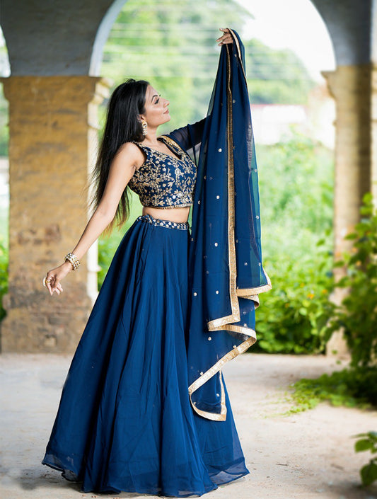 Gorgeous Navy Blue Sequins Thread Worked Lehenga Choli - Ethnicwish