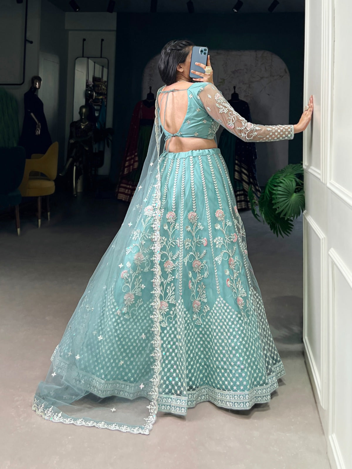 Pastel Blue Net Sequins Thread Worked Lehenga Choli