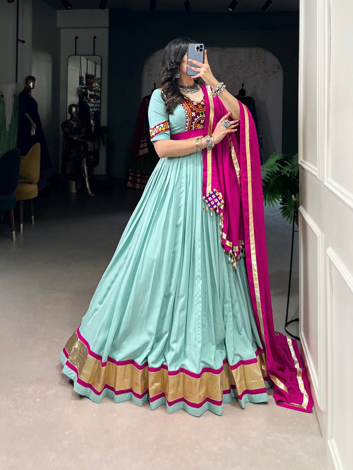 Sky Blue Pure Rayon Miror Gamthi Worked Navratri Wear Lehenga Choli