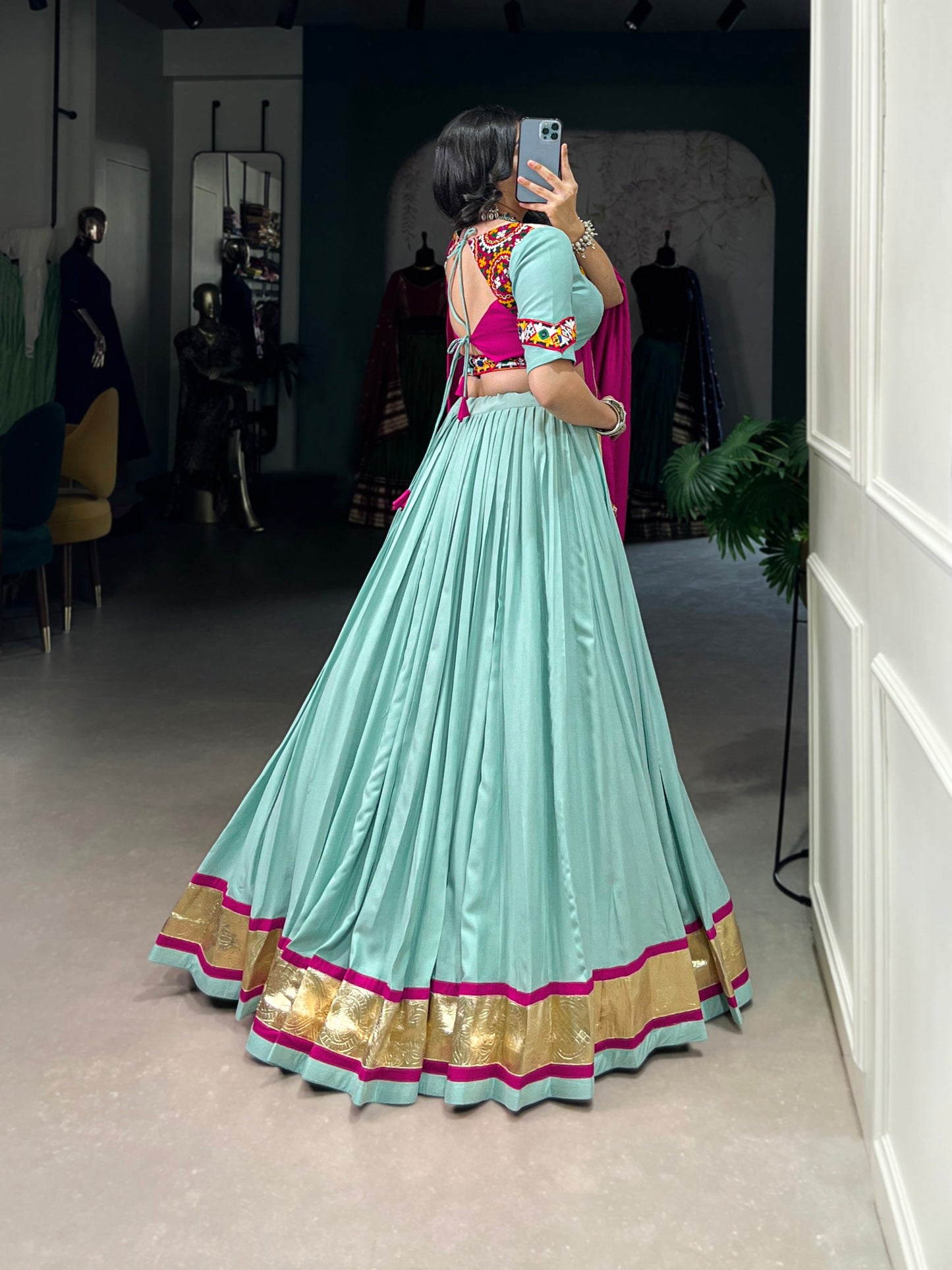Sky Blue Pure Rayon Miror Gamthi Worked Navratri Wear Lehenga Choli
