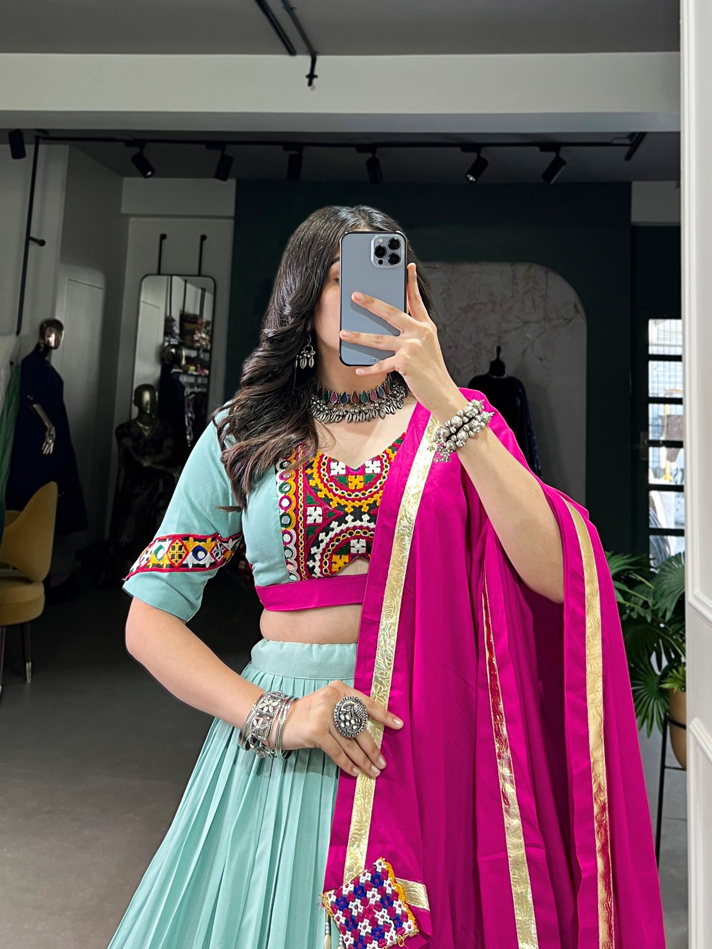 Sky Blue Pure Rayon Miror Gamthi Worked Navratri Wear Lehenga Choli