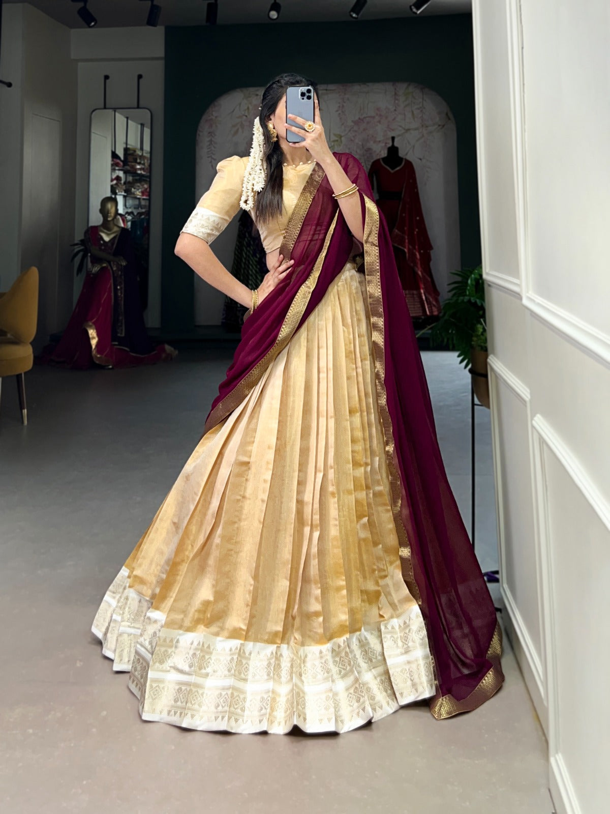 Stunning Kanchipuram Silk Zari Weaving Worked Lehenga Choli - Ethnicwish