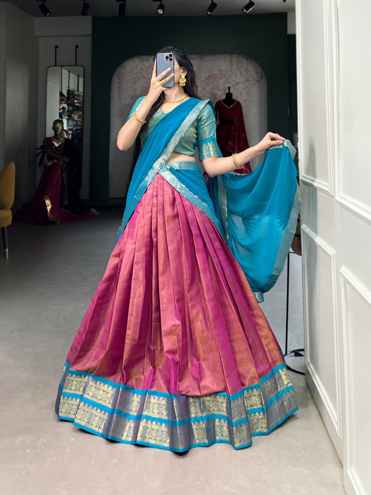 Stunning Kanchipuram Silk Zari Weaving Worked Lehenga Choli - Ethnicwish