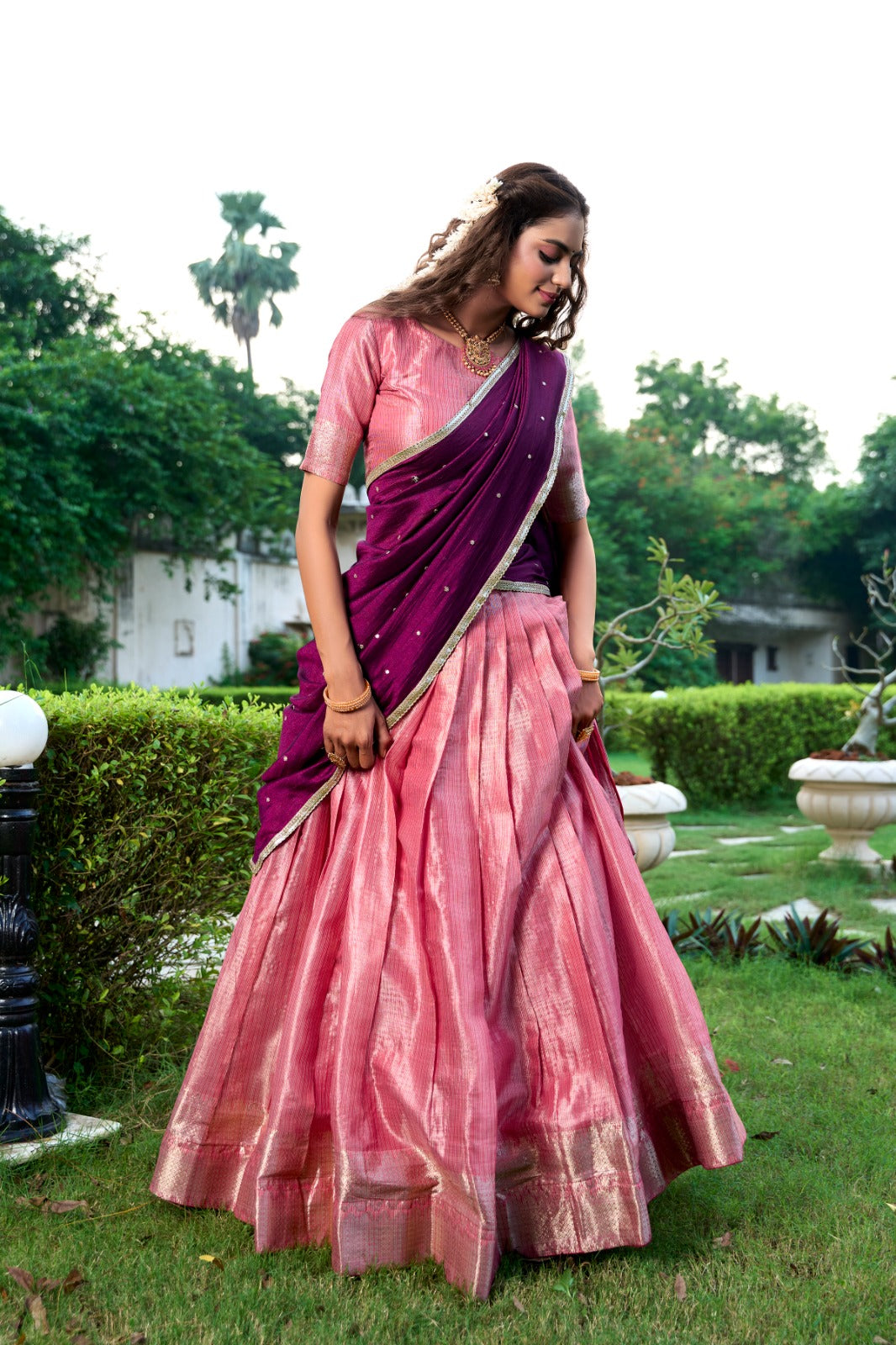 Majestic Kanchipuram Silk Zari Weaving Worked Lehenga Choli - Ethnicwish