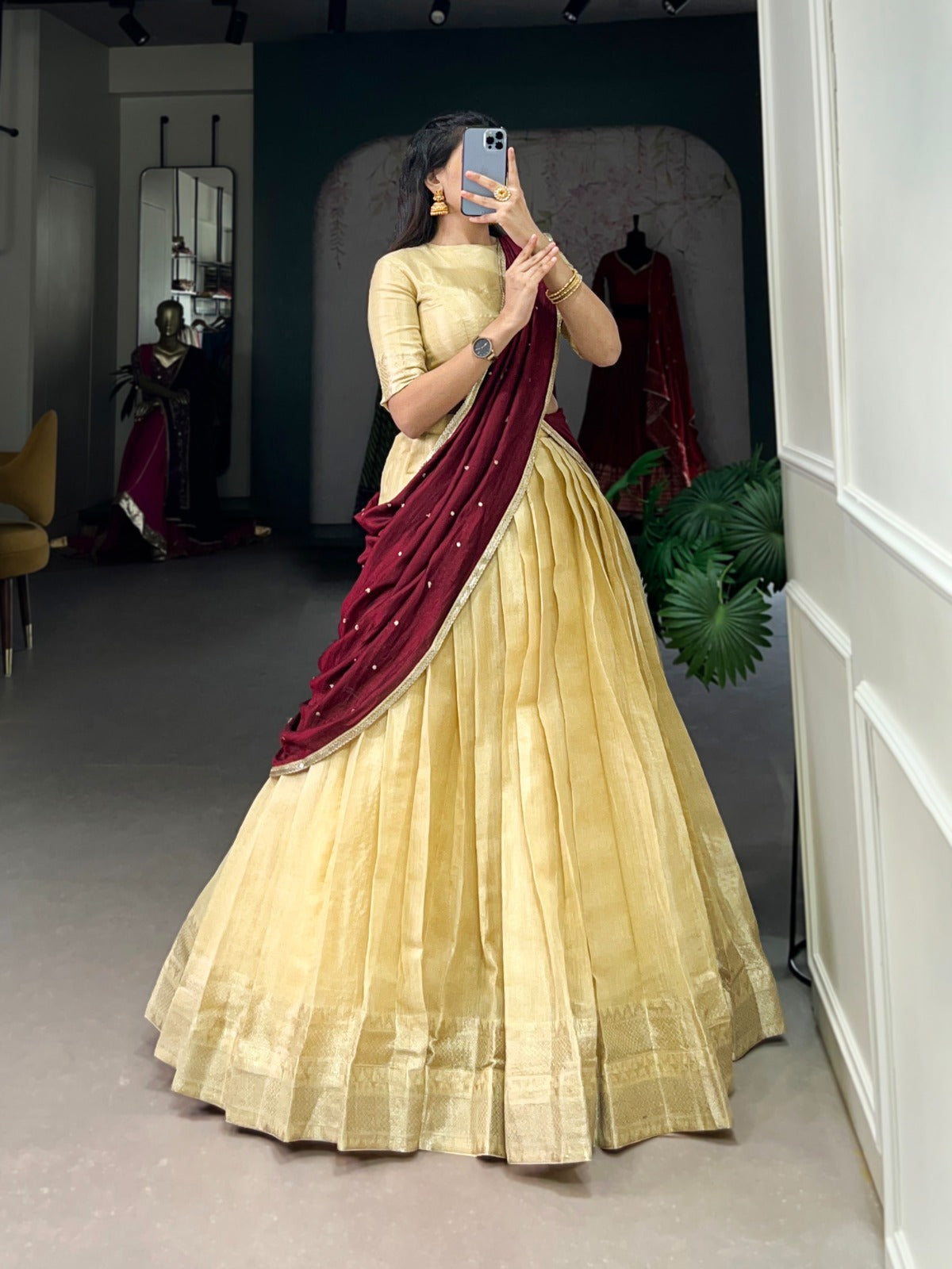 Majestic Kanchipuram Silk Zari Weaving Worked Lehenga Choli - Ethnicwish