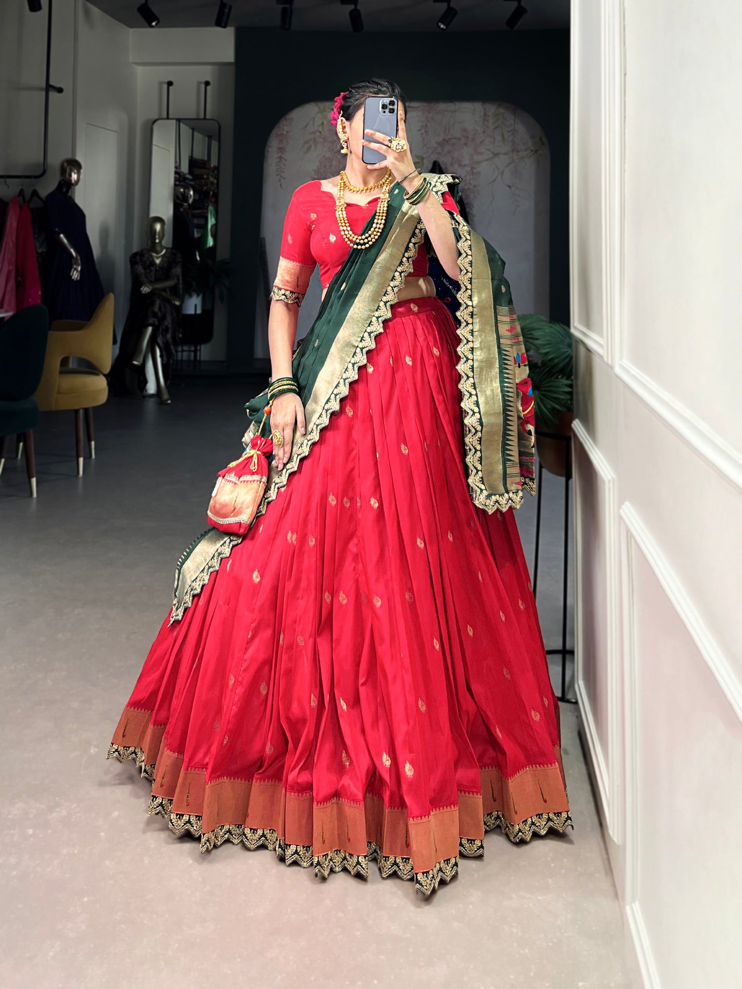 Elegant Paithani Jacquard Silk Zari Weaving Sequins Thread Worked Lehenga Choli