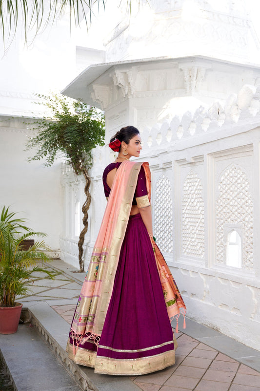 Exquisite Wine Vichitra Silk Paithani Lace Border Worked Lehenga Choli - Ethnicwish