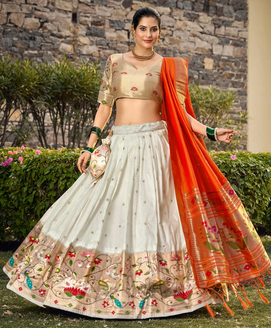 Hypnotic White Jacquard Silk Weaving Zari Worked Lehenga Choli - Ethnicwish