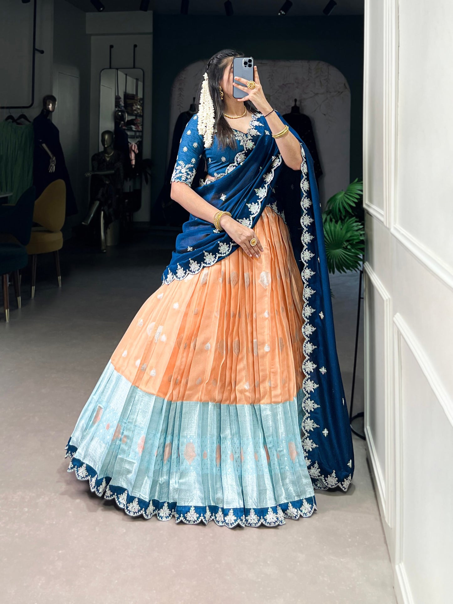 Lovely Zari Cota Weaving Sequins Thread Worked Lehenga Choli