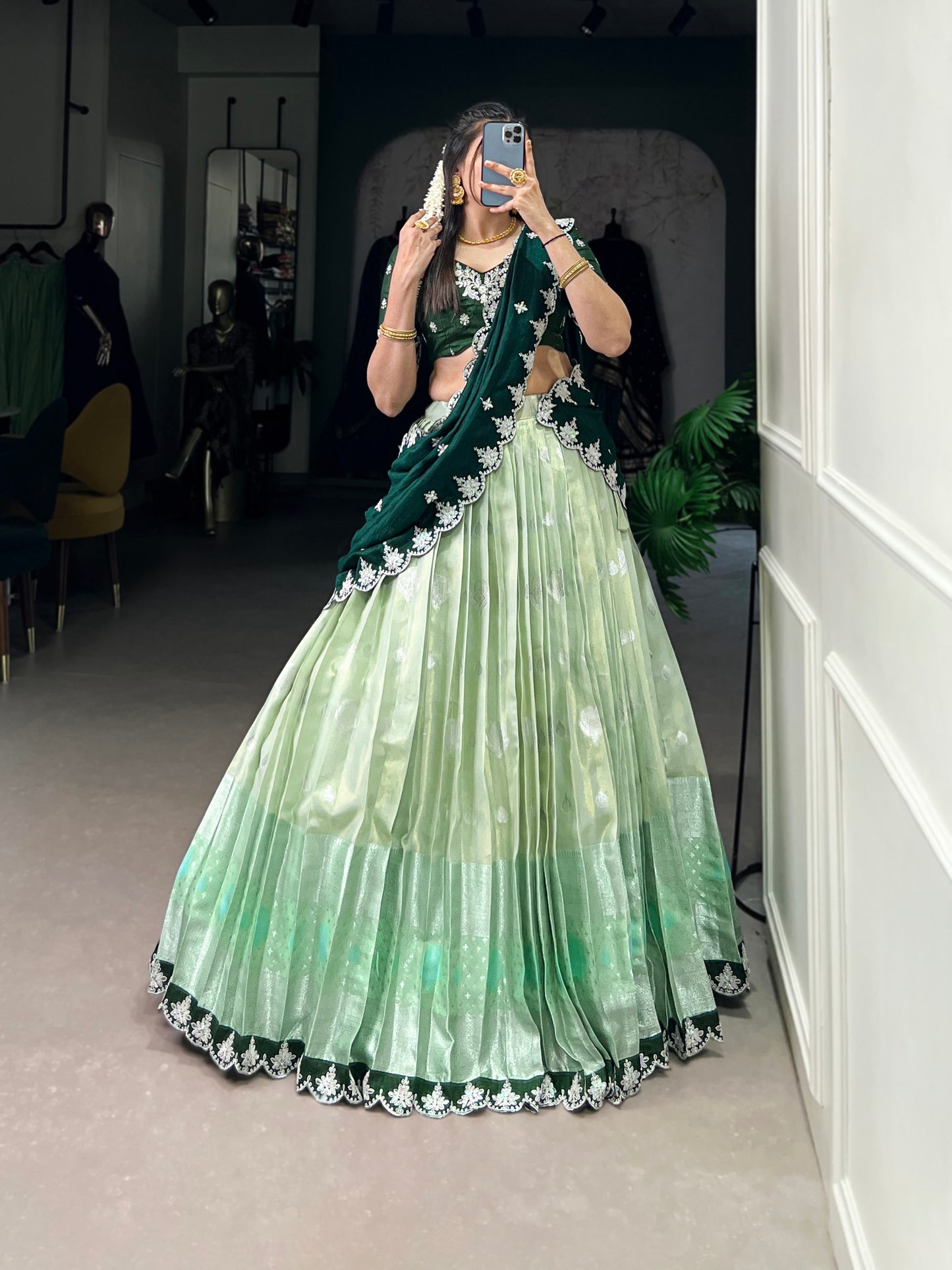 Lovely Zari Cota Weaving Sequins Thread Worked Lehenga Choli