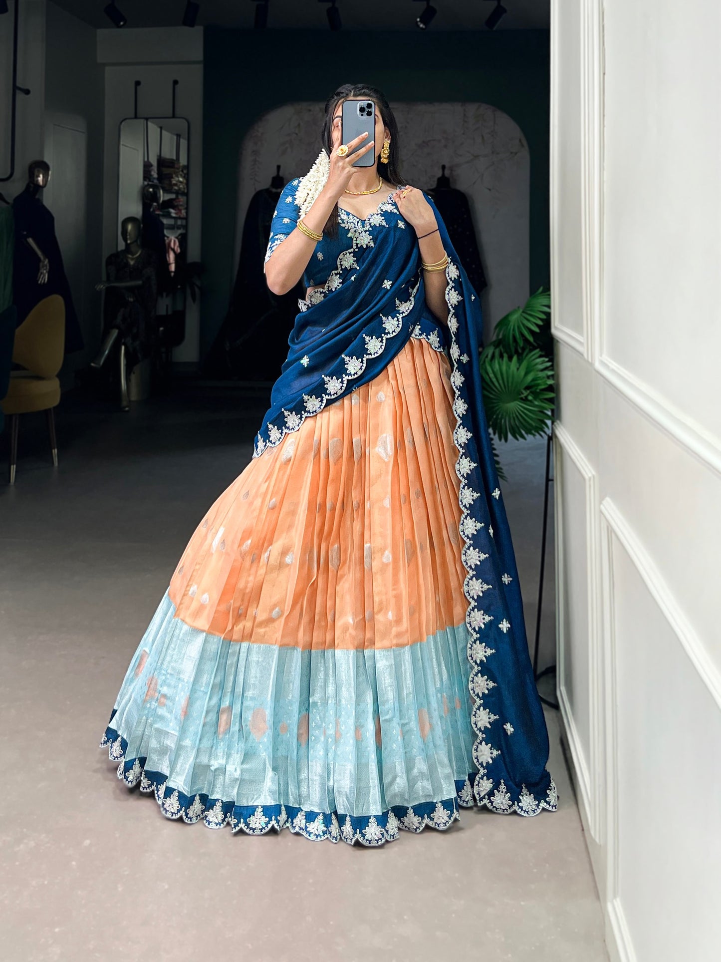Lovely Zari Cota Weaving Sequins Thread Worked Lehenga Choli