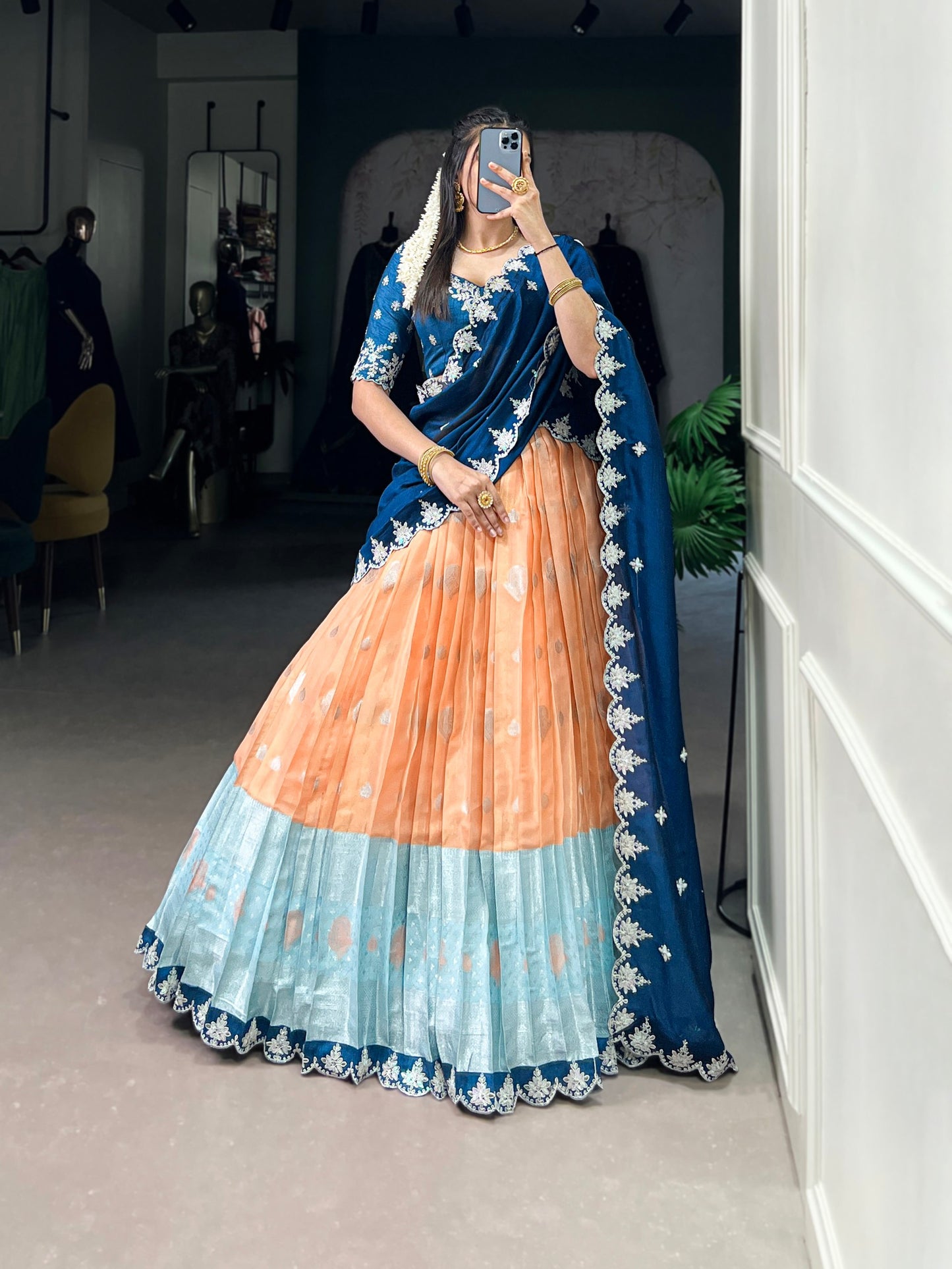Lovely Zari Cota Weaving Sequins Thread Worked Lehenga Choli