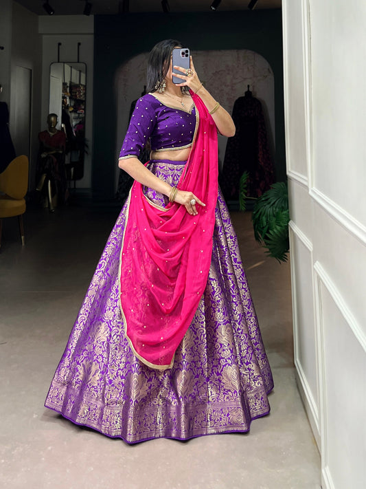 Breathtaking Purple Jacquard Silk Zari Weaving Worked Lehenga Choli - Ethnicwish