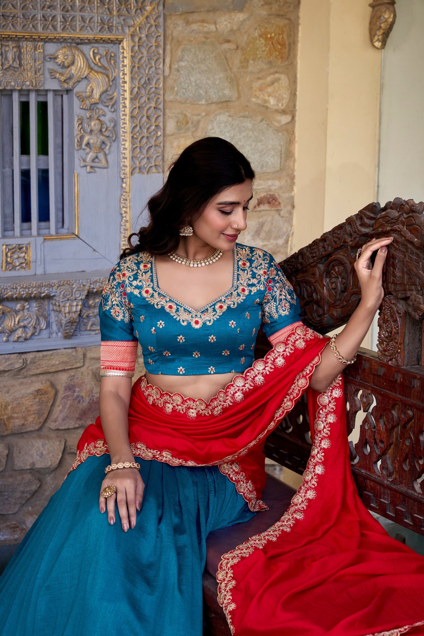 Exquisite Vichitra Silk Zari Weaving Lace Border Worked Lehenga Choli