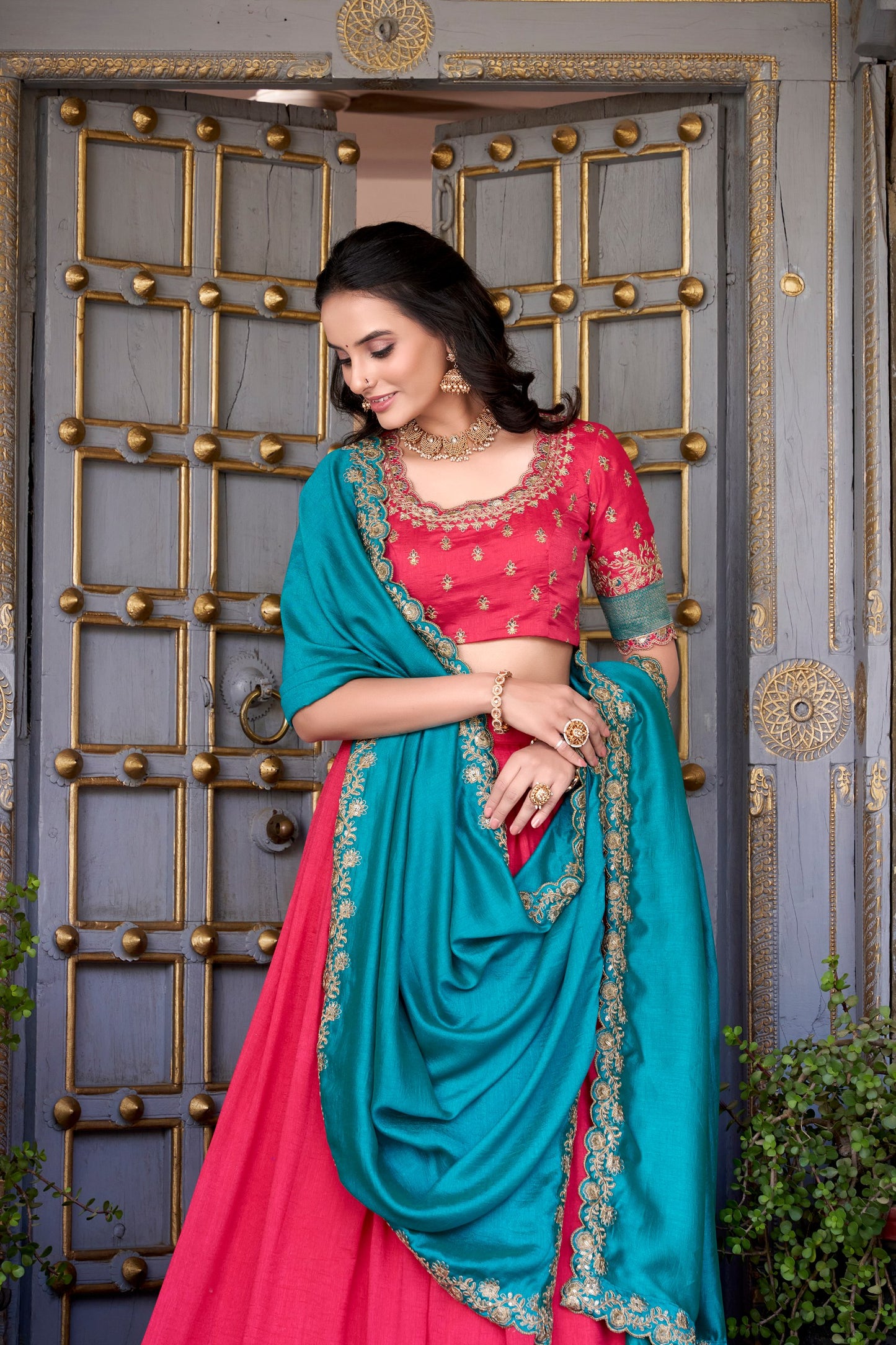 Exquisite Vichitra Silk Zari Weaving Lace Border Worked Lehenga Choli