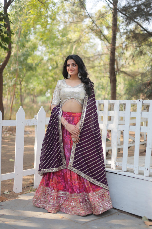 Enchanting Pink Georgette Floral Printed Sequins Embroidered Lehenga Set - Ethnicwish