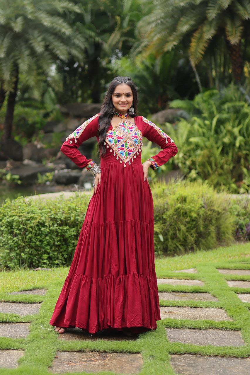 Maroon Rayon Kutchi Gamthi Work Gown – 12 Meter Flair & Fully Stitched