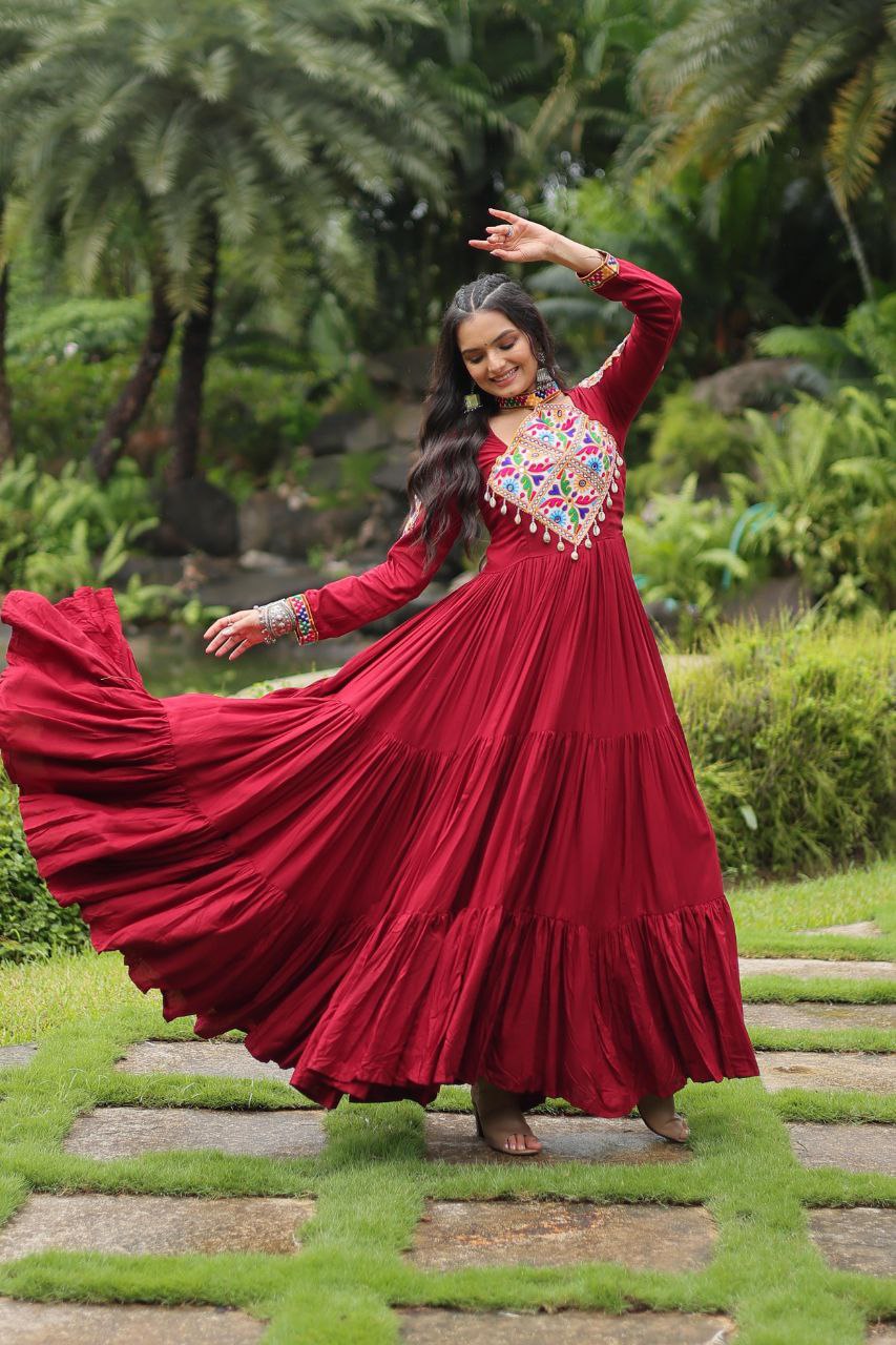 Maroon Rayon Kutchi Gamthi Work Gown – 12 Meter Flair & Fully Stitched