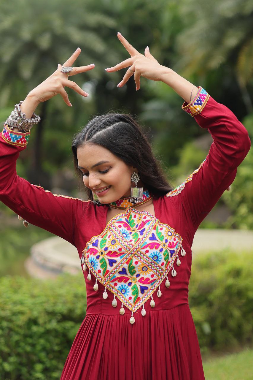 Maroon Rayon Kutchi Gamthi Work Gown – 12 Meter Flair & Fully Stitched