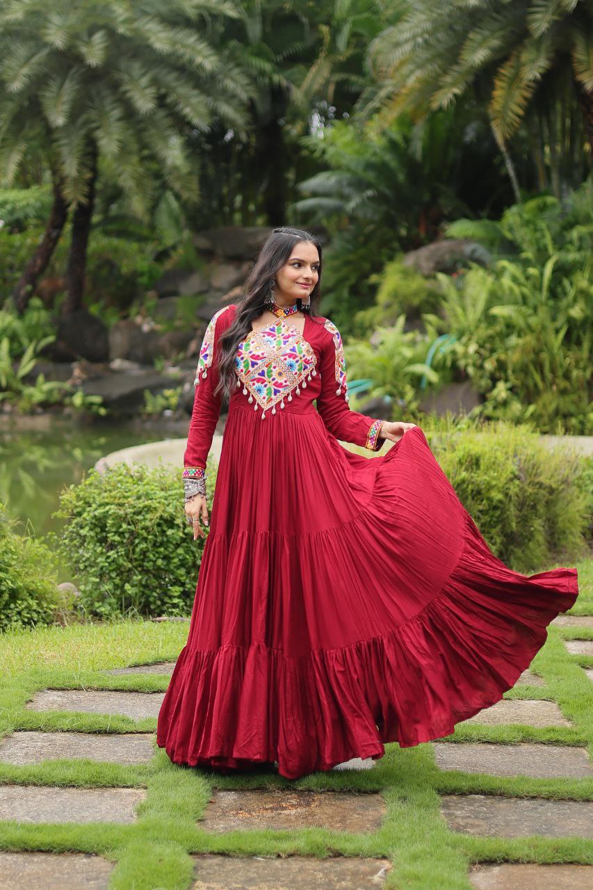 Maroon Rayon Kutchi Gamthi Work Gown – 12 Meter Flair & Fully Stitched