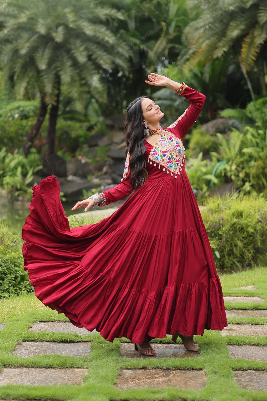 Maroon Rayon Kutchi Gamthi Work Gown – 12 Meter Flair & Fully Stitched